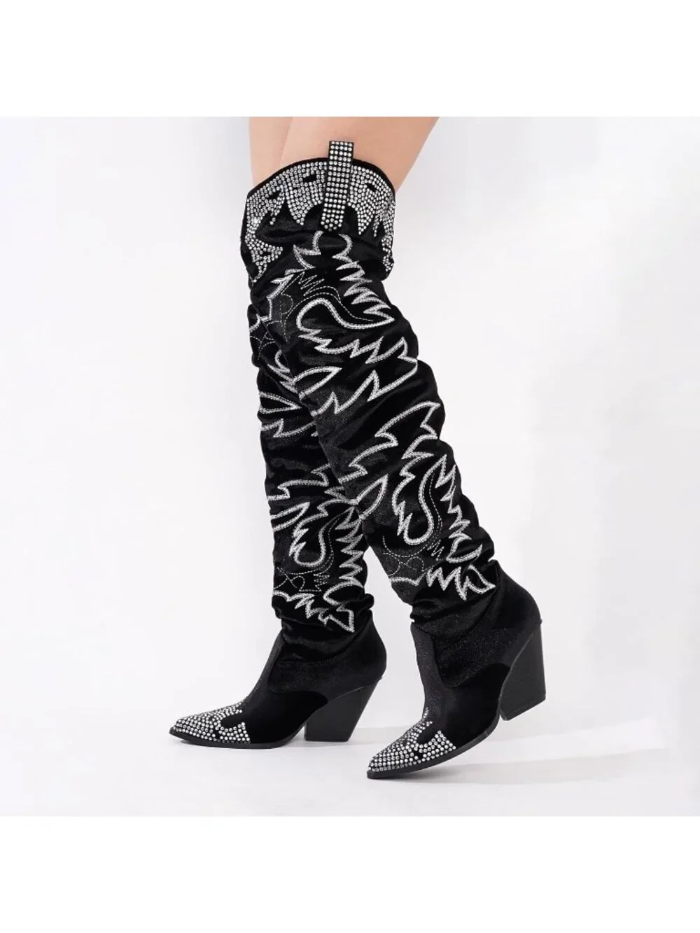 🆕 Women's Black Rhinestone Embroidered Cowboy Wide Calf Over The Knee Boots
